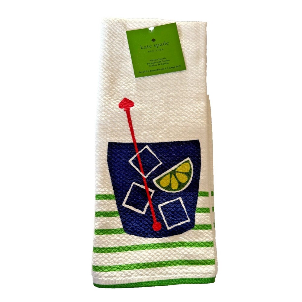 Kate Spade Kitchen Dish Towels Drinks Cocktails Martinis Cotton White Set of 2